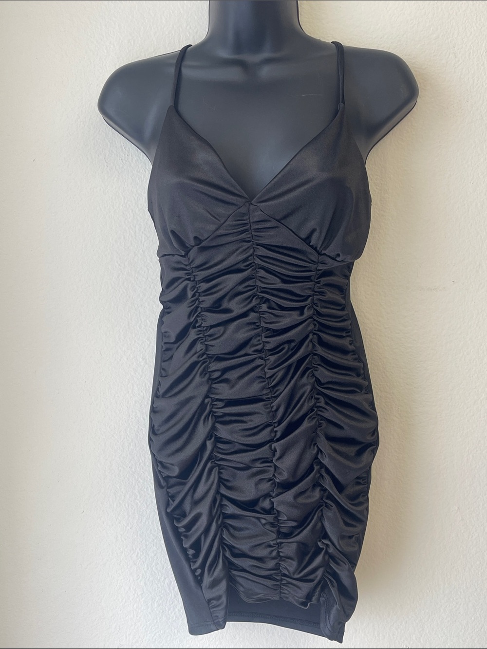 Black Ruched Satin Mini Dress